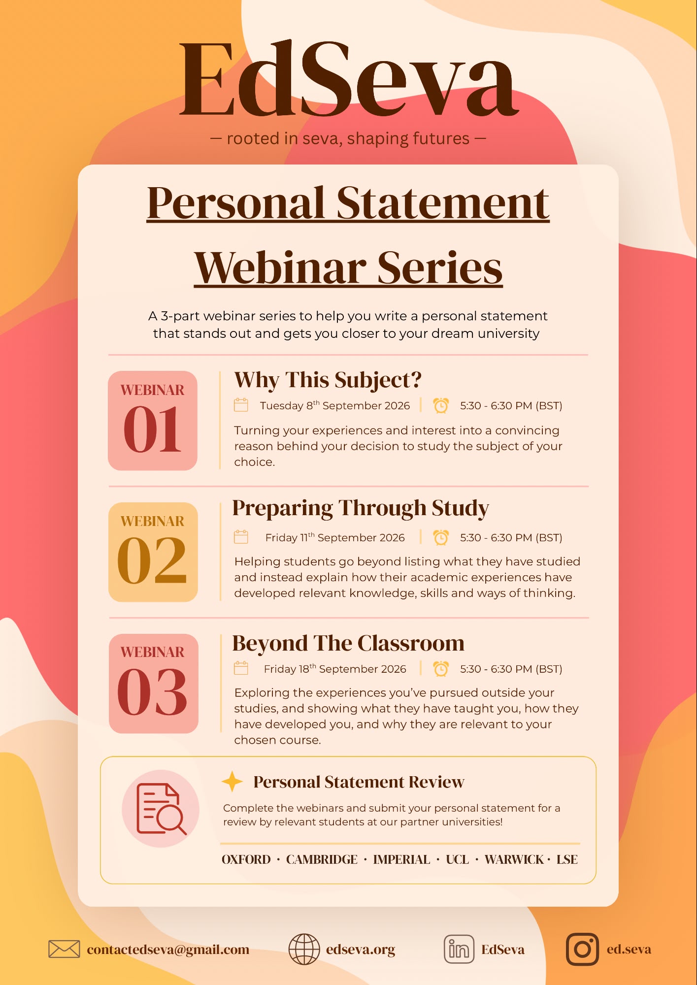 EdSeva Personal Statement Webinar Series Poster